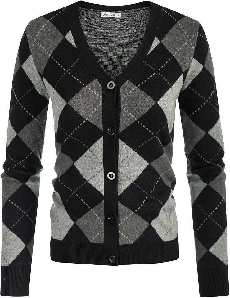 GRACE KARIN Womens Cardigan Sweater Fall Fashion Argyle Sweater Button Up Cardigan Teacher Outfits Preppy Clothes