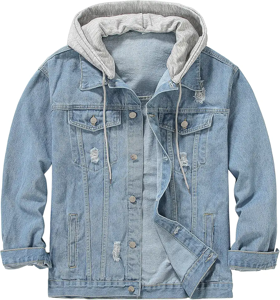Men's Denim Jacket Distressed Hooded Jean Jackets Baggy Ripped Trucker Coat | Loose Vintage Long Sleeve Denim Hoodie Cotton Button Down Jean Outerwear With Pockets Black Blue Hip Hop Streetwear Casual