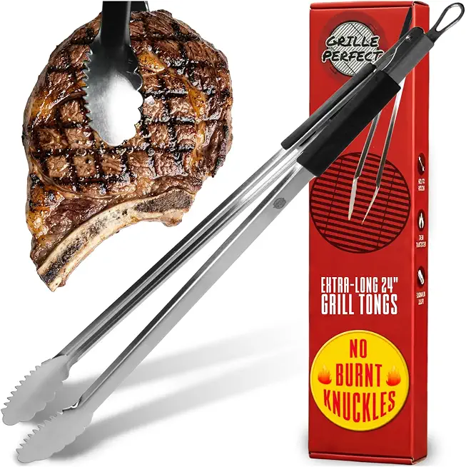Grill Tongs 24-Inch Super Long Extra Heavy Duty for Grilling and Barbecue Heat Resistant Hand Grips Stainless Steel for BBQ Outdoor Kitchen and Cooking Hot Grilled Food