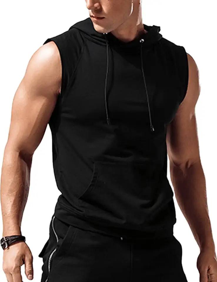 Amussiar Men's Workout Hooded Tank Tops Sleeveless Gym Training Hoodies Bodybuilding Muscle Cut Off T Shirt