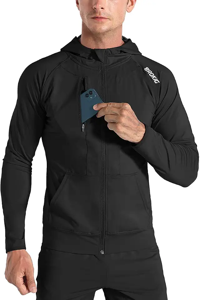 BROKIG Mens Windbreak Running Jacket Zip Up Hoodie
