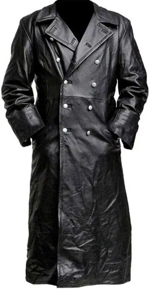 Men's Classic Black Faux Leather Trench Coat, Long Overcoat