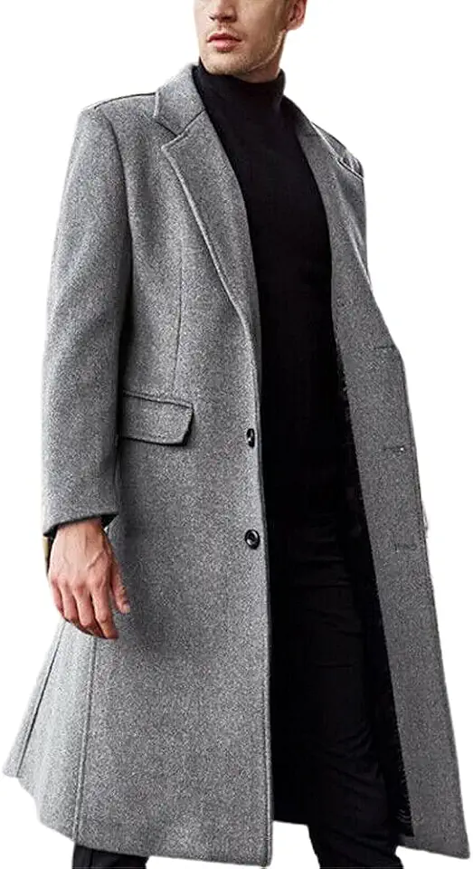 chouyatou Men's Fall Winter Office Single Breasted Long Dress Wool Coat Overcoat