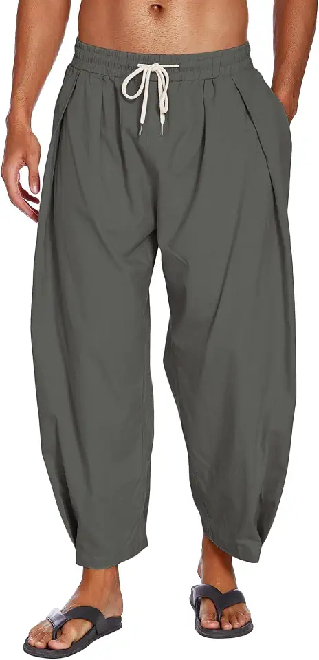 COOFANDY Men's Cotton Linen Harem Pants Drawstring Casual Cropped Trousers Lightweight Loose Beach Yoga Pants with Pockets