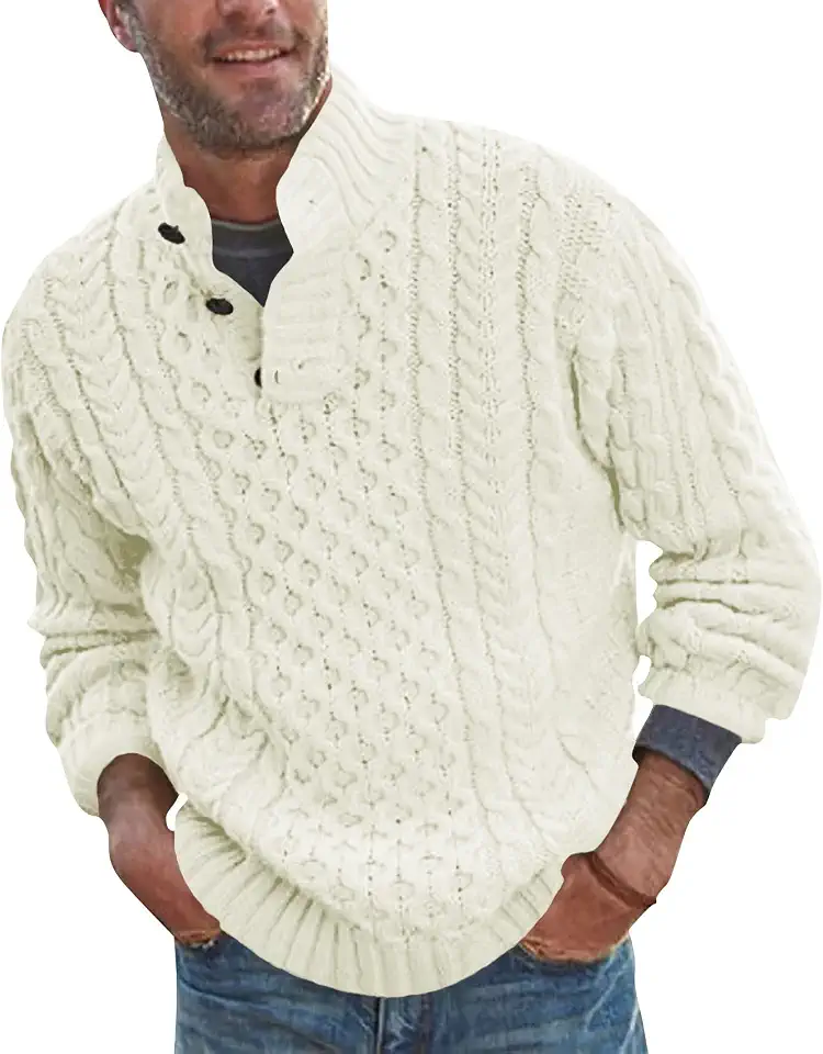 Bbalizko Mens Stand Collar Pullover Sweater Cable Knitted Chunky Sweaters