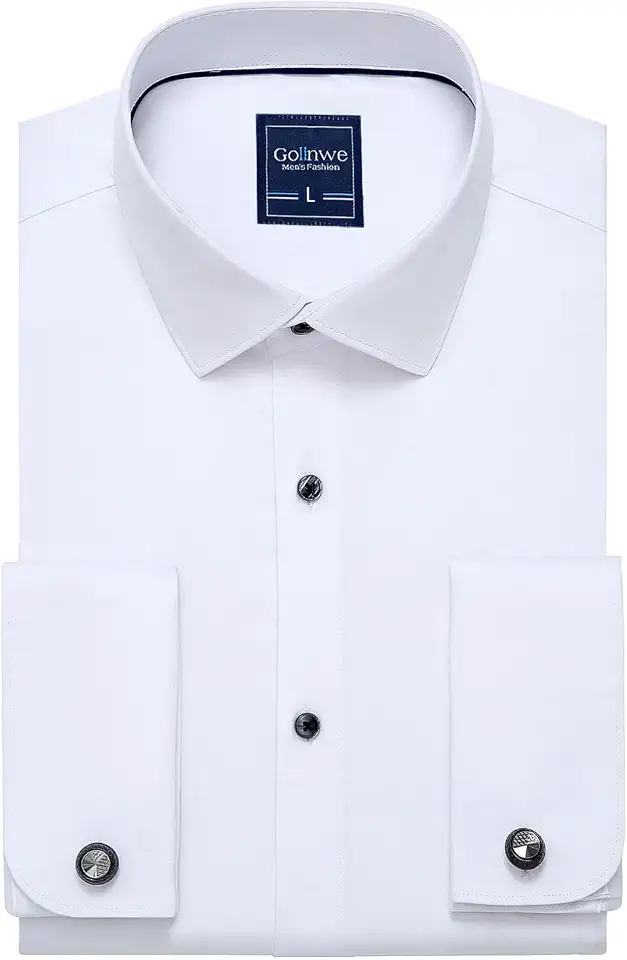 Gollnwe Men's Dress Shirt French Cuff Shirt for Men Slim Fit Stretch Spread Collar with Metal Cufflink