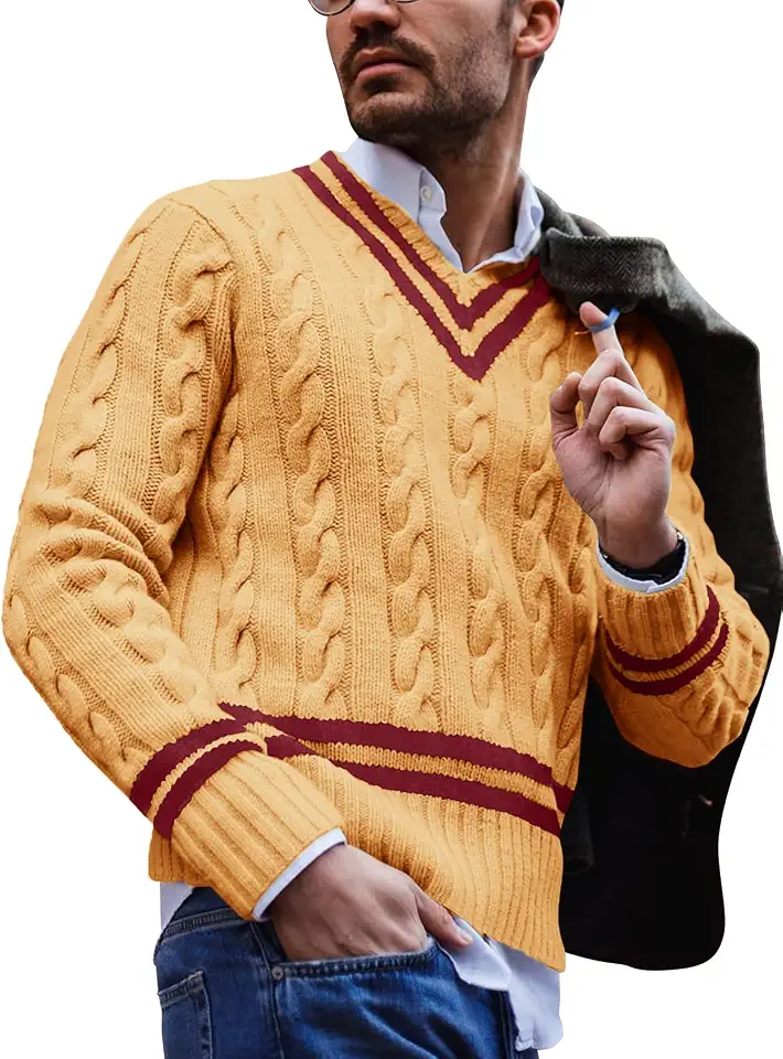 PASLTER Mens V Neck Sweater Cable Knit Pullover Twist Tennis Sweaters
