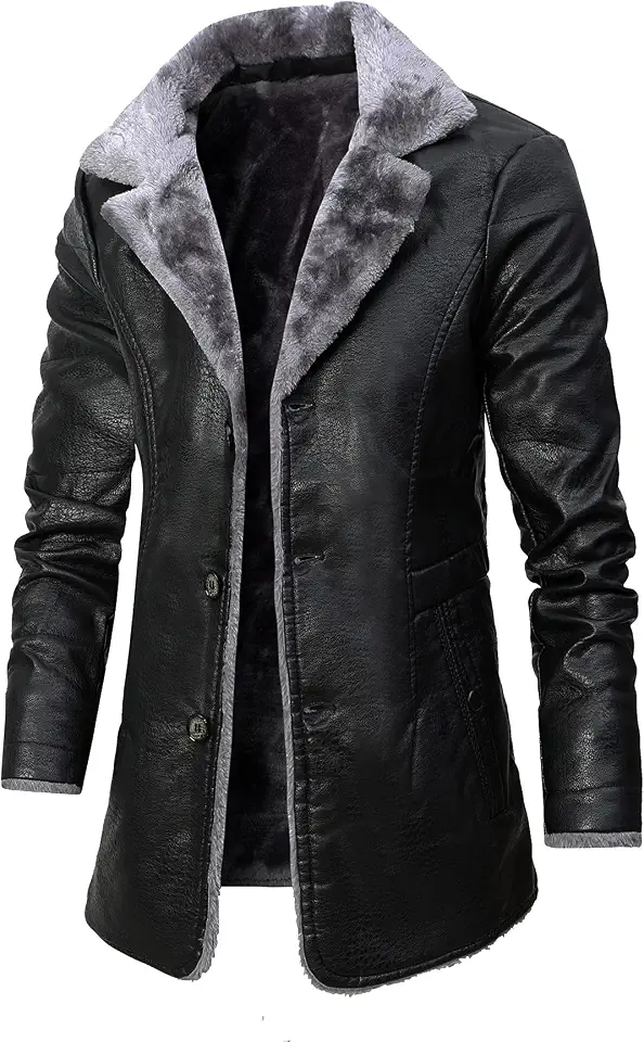 Men's Faux Leather Jacket Thick Faux Fur Shearling Lapel Collar Botton Down Long Trench Coats Black Brown