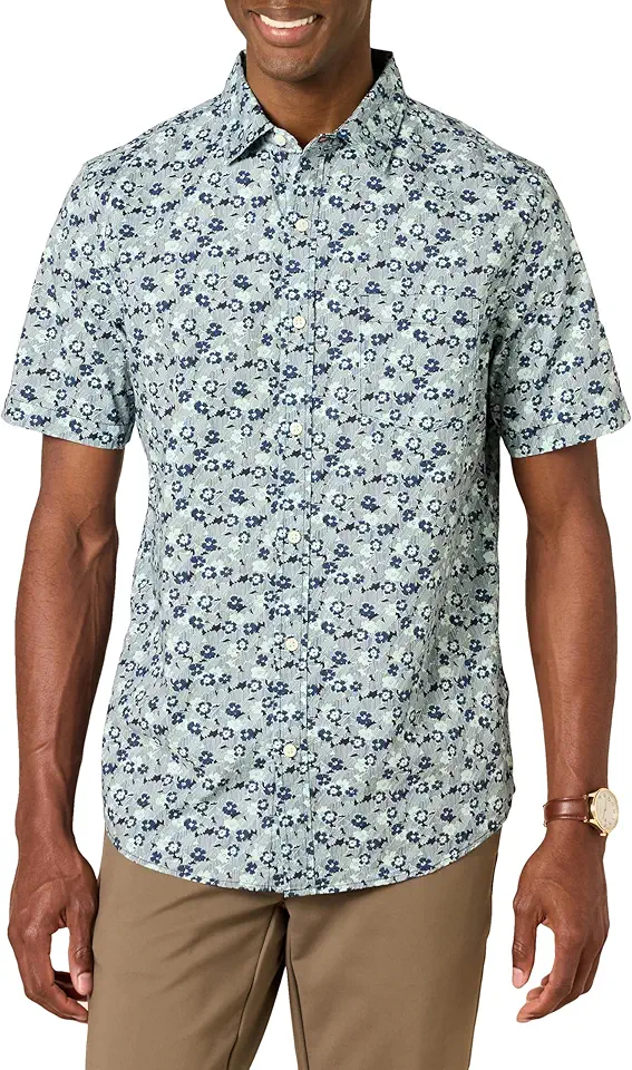 Amazon Essentials Men's Short Sleeve Dress Shirt with Stretch, Charcoal White Vertical Stripe (Available in Big & Tall)