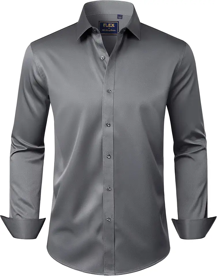 Men's Slim Fit Grey Long Sleeve Spread Collar Wrinkle Free Dress Shirt