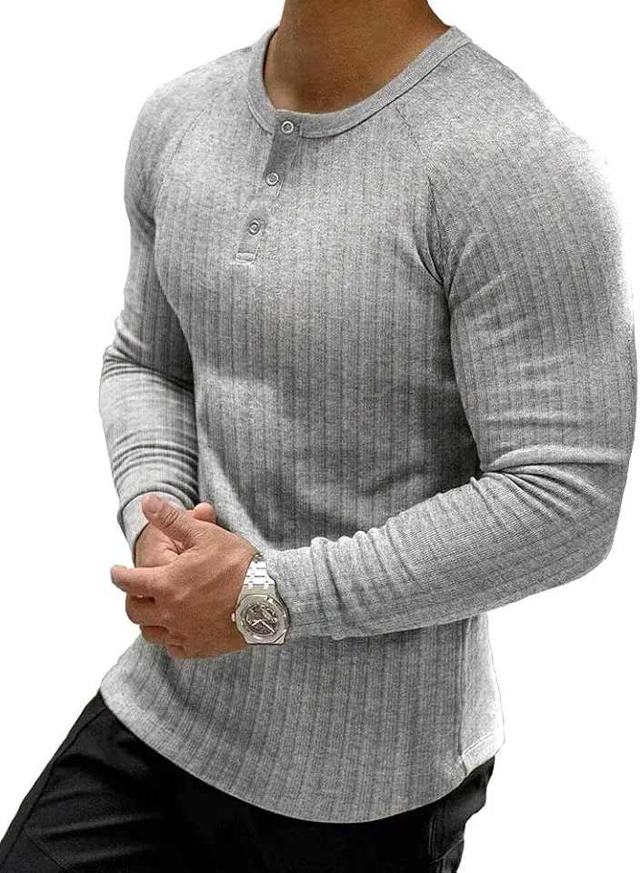 Muscle Cmdr Men's Ribbed Henley Shirt Short Sleeve Slim Fit Muscle Shirt Fitted Cotton Casual Long Sleeve