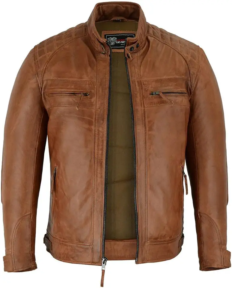 Vance Leather' Men's Cafe Racer Waxed Lambskin Austin Brown Motorcycle Leather Jacket