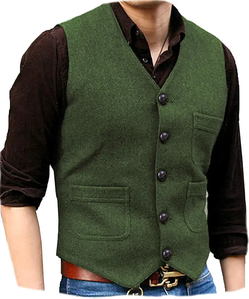 SOLOVEDRESS Mens Vintage Tweed Suit Vest V Neck Casual Wool Waistcoat for Wedding Groomsmen