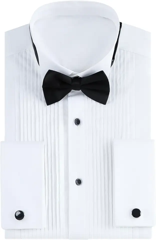 Gollnwe Tuxedo Shirts for Men Wing Collar French Cuff with Cufflinks and Bow Tie