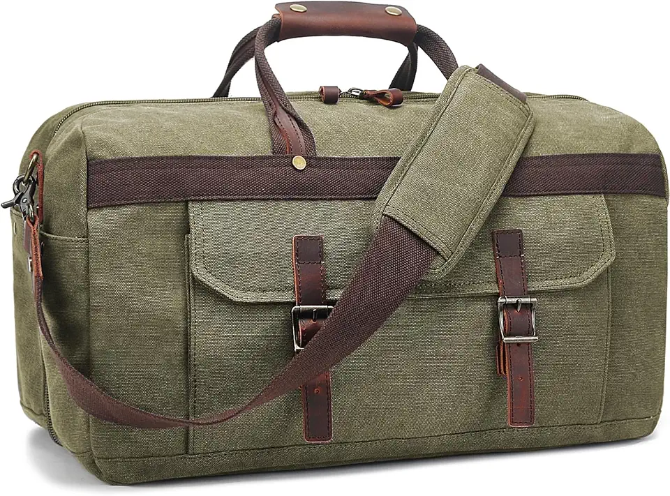 Duffle Bag for Men Waterproof Genuine Leather Canvas Travel Duffel Bags for Women Overnight Weekender Bag for Traveling