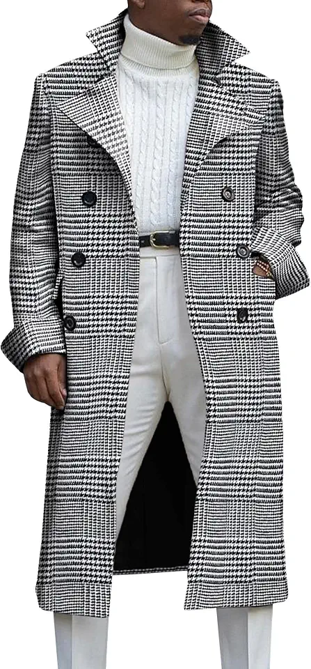 Ebifin Men's Notch Lapel Double Breasted Long Trench Coat Casual Cotton Blend Peacoat