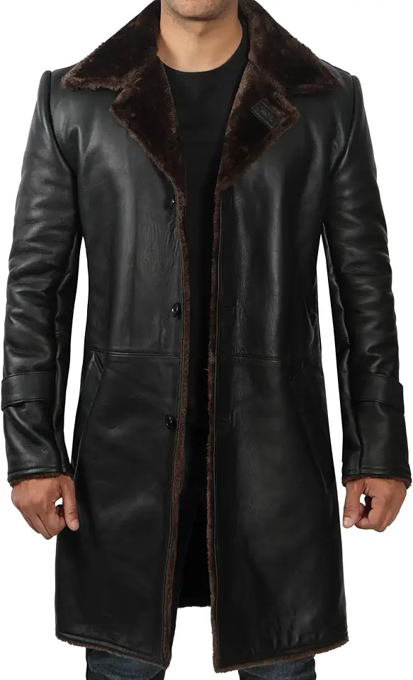 fjackets Real Lambskin Long Leather Jacket Men - Shearling Leather Coat Mens, 3/4-Length Genuine Leather Winter Coats