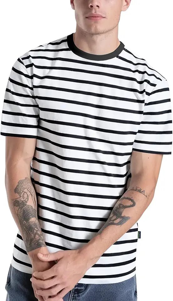 Zengjo Mens Striped T Shirt Long/Short Sleeve Cotton Stretch Crewneck