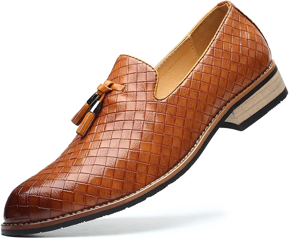 Men's Tan Woven Leather Tassel Loafers