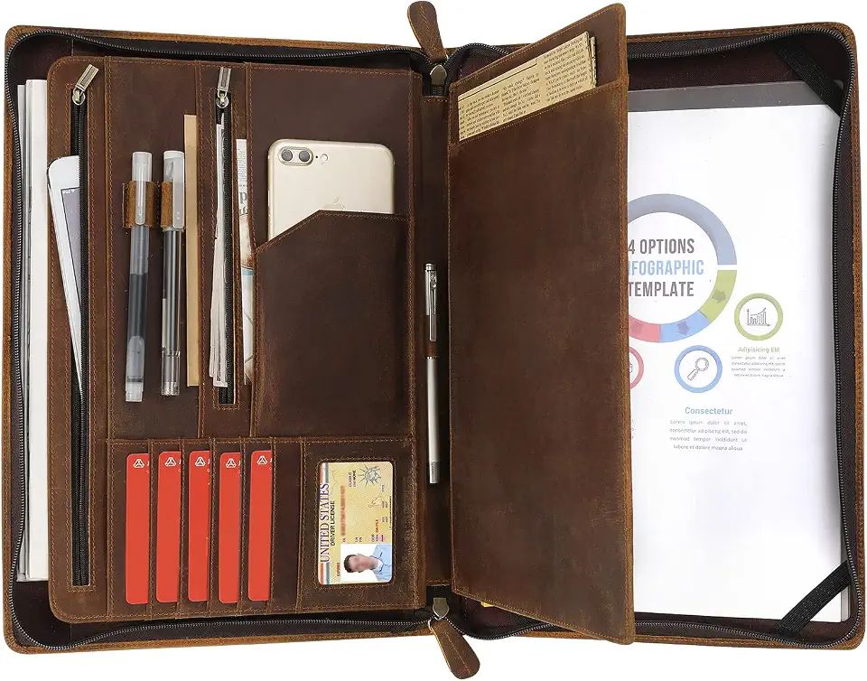 Genuine Leather Portfolio Organizer for Men Women with Handle, Full Grain Leather Padfolio Folder with Zipper Business Resume Portfolio for 12.9" iPad, Brown, RS118
