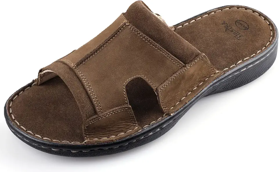 TIESTRA Mens Leather Slide Sandals Comfortable Lightweight Summer Casual Beach Slides for Men Indoor & Outdoor slip on sandals