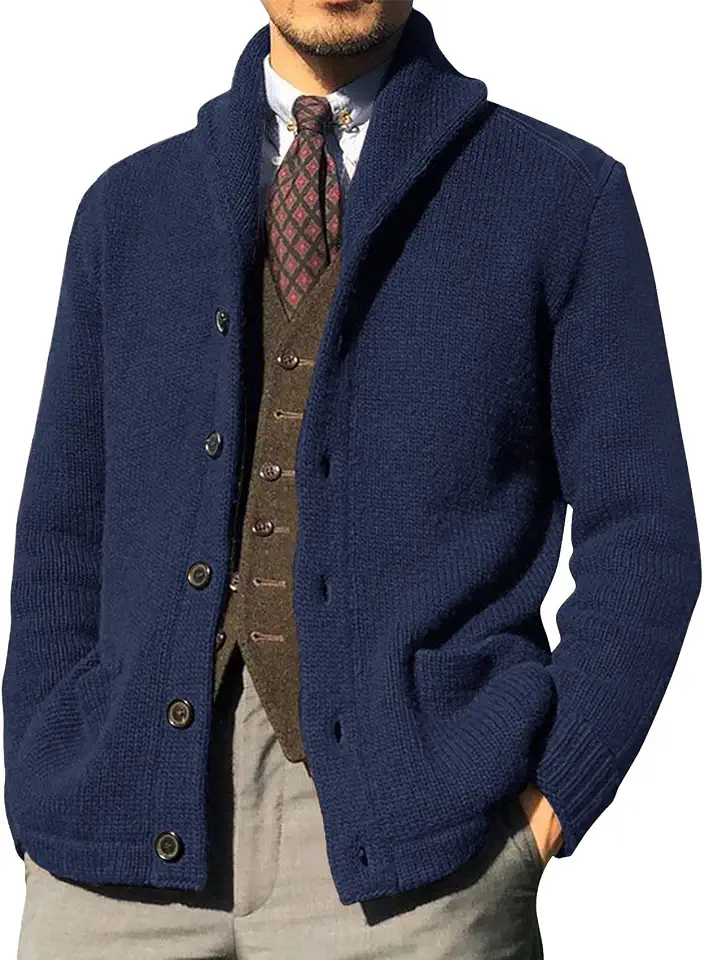 Runcati Mens Cardigan Sweater Shawl Collar Cable Knit Cardigans