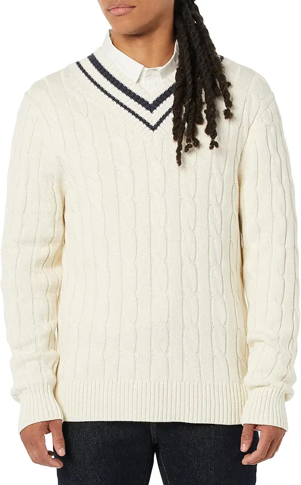 Men's Cream Cable Knit V Neck Tennis Sweater