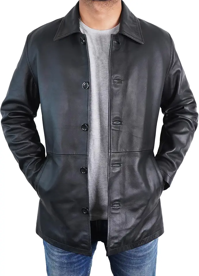 Men's Black Leather Car Coat