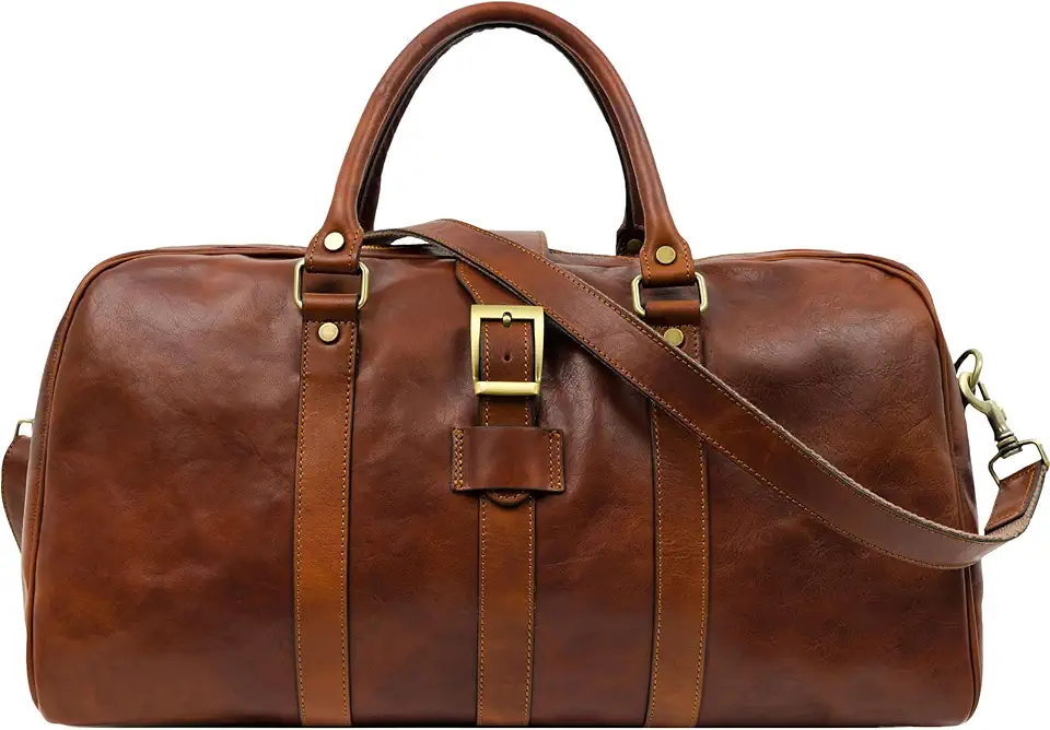 Time Resistance Leather Duffle Bag - Full Grain Leather Travel Bag for Men and Women - Carry-On Duffel Bag (Cognac)