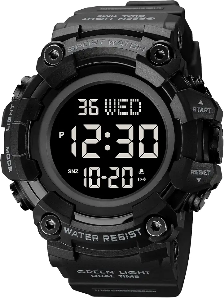 XCZAP Men's Black Digital Sports Watch, Large Face Military Tactical Watch, 5ATM Water Resistant, LED Backlight, Alarm, Stopwatch,Dual Time