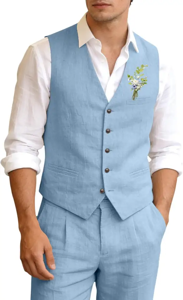 Global Recycled Standard Men's Linen Suit for Men 2 Piece Slim Fit Linen Vest and Pants Set