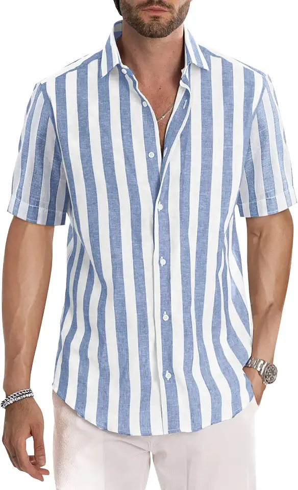 Global Recycled Standard JMIERR Men's Casual Stylish Short Sleeve Button-Up Striped Dress Shirt Cotton Beach Shirts