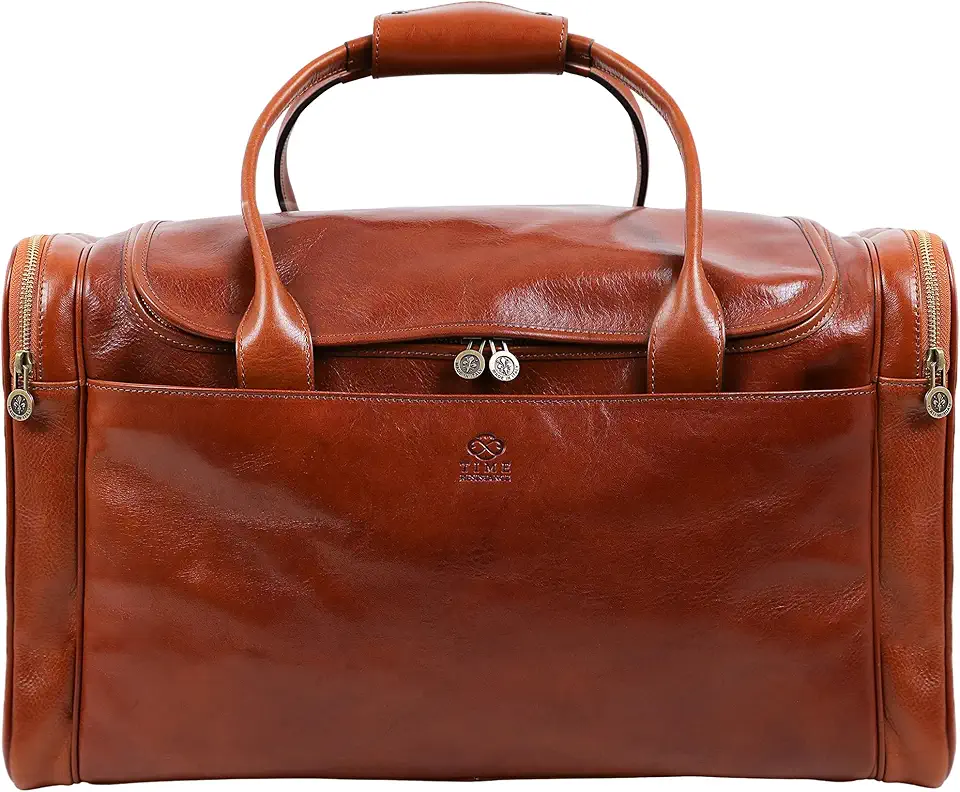 Time Resistance Leather Duffel Bag - Large Weekend Gym Travel Bag (Cognac Brown)