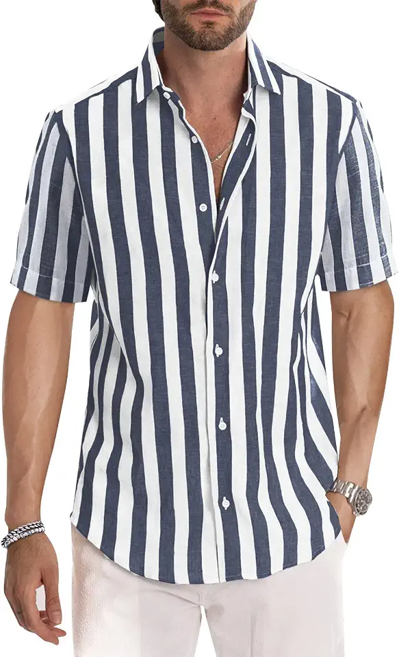 Global Recycled Standard JMIERR Men's Casual Stylish Short Sleeve Button-Up Striped Dress Shirt Cotton Beach Shirts