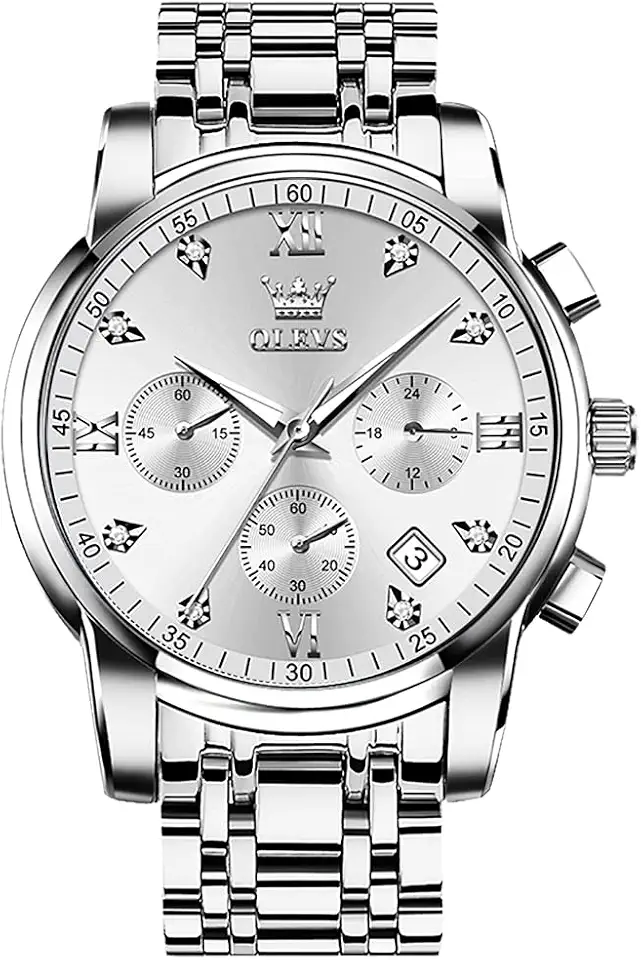 OLEVS Men's Stainless Steel Chronograph Watch, Big Face Gold Silver Black Tone Easy to Read Analog Quartz Watch, Luxury Waterproof Date Diamond Roman Arabic Numerals Dial Dress Watch for Men