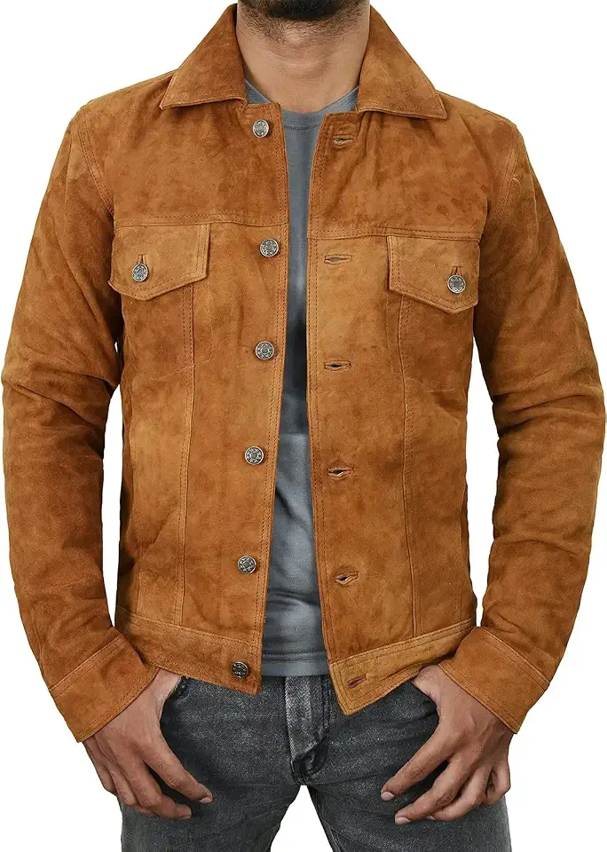 Premium Brown Suede Trucker Leather Jacket Mens