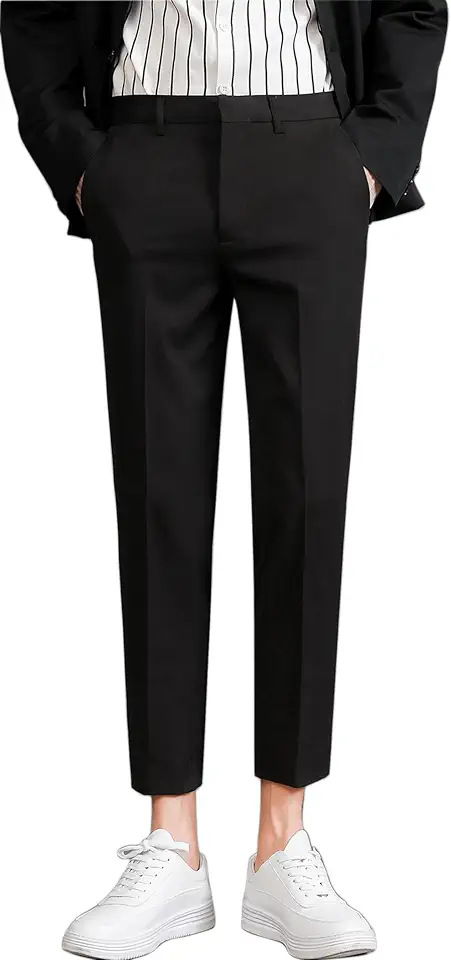 Men's Black Cropped Wool Dress Pants
