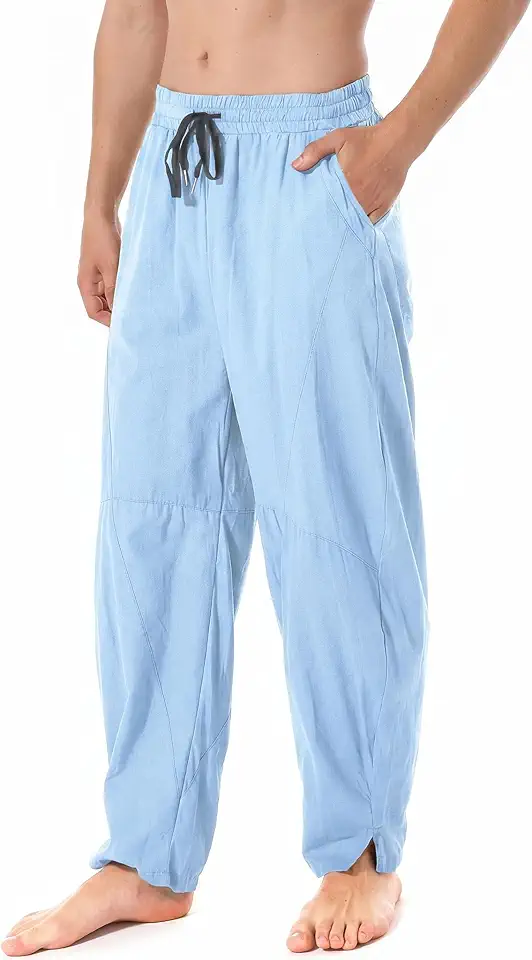 perdontoo Men's Linen Cotton Loose Fit Casual Lightweight Elastic Waist Summer Beach Pants