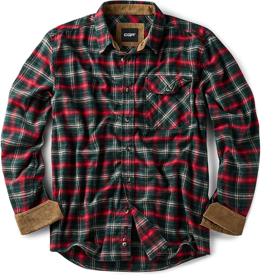 CQR Men's 100% All Cotton Button Down Flannel Shirts, Long Sleeve Brushed Warm Soft Casual Outdoor Plaid Shirt