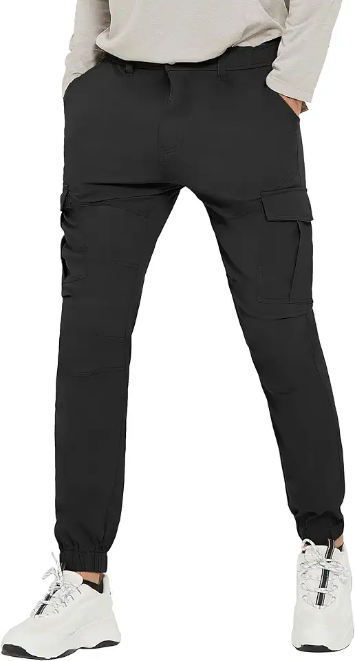 PULI Hiking Pants for Men Cargo Joggers Tapered Outdoor | 4-Way Stretch Lightweight Waterproof Elastic Waist Zip Pockets Fishing Running Work Travel