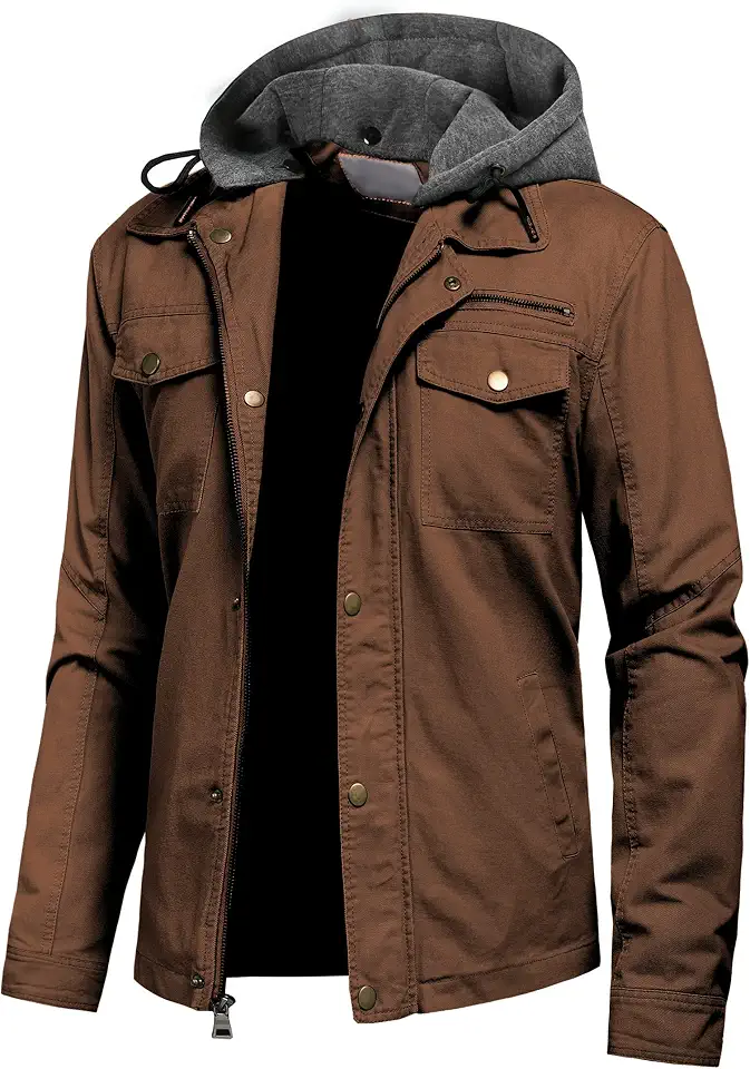Pursky Men's Canvas Cotton Military Casual Field Jacket Outerwear With Removable Hood