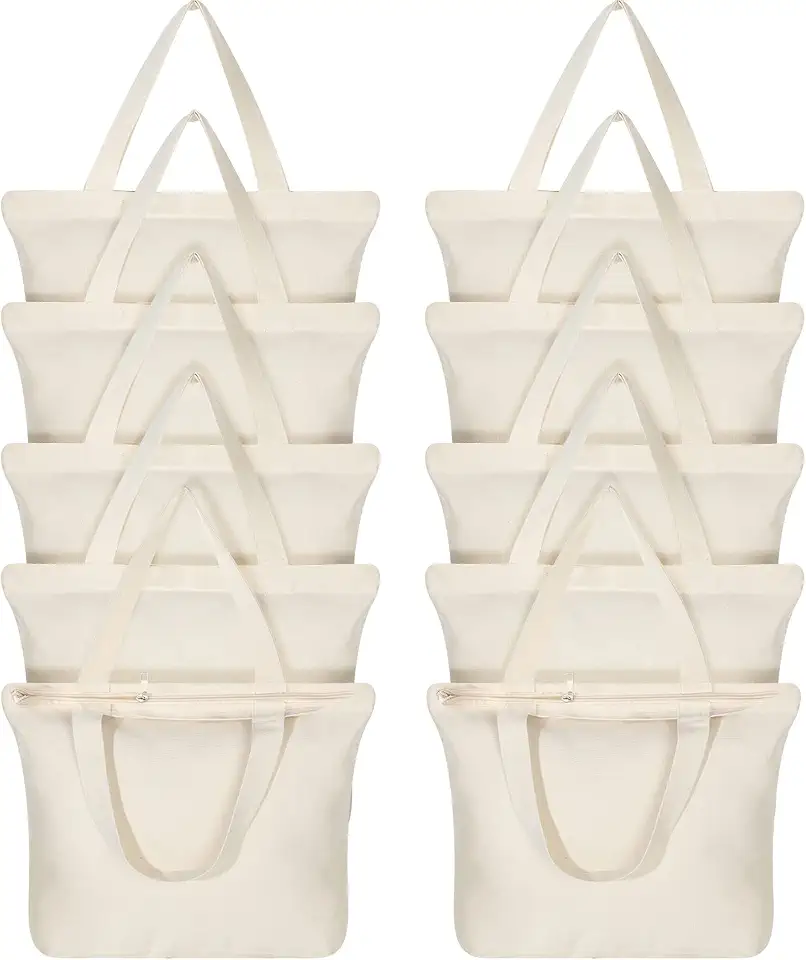 Epakh 8 Pack Canvas Tote Bag Bulk with Zipper, 16.5 x 13 Inch, Beige