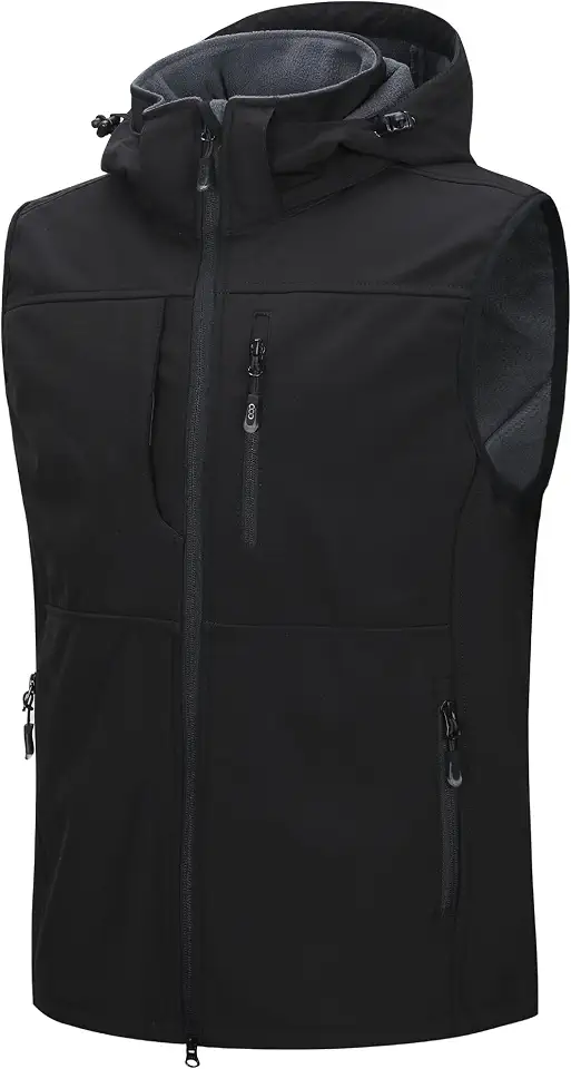 33,000ft Men's Lightweight Softshell Vest Hooded Outerwear for Outdoor Golf | Fleece Lined, Removable Hood, Zip Up, 7 Pockets, Waterproof, Warm, Windproof, Sleeveless Jacket for Winter Running, Casual
