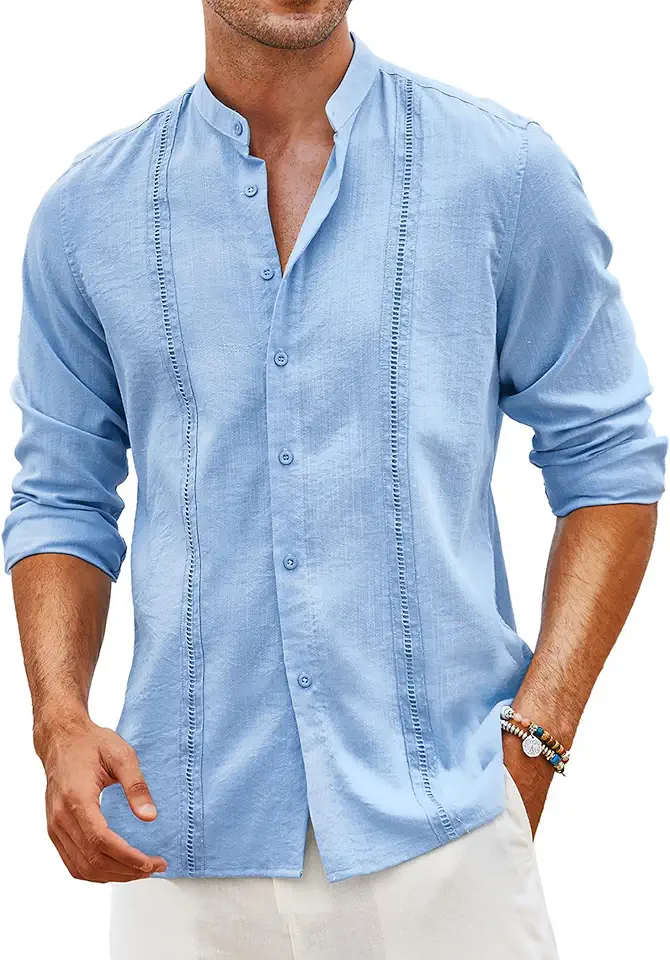 Global Recycled Standard COOFANDY Men's Cuban Guayabera Shirt Casual Long Sleeve Button Down Shirts Band Collar Linen Summer Beach Shirt