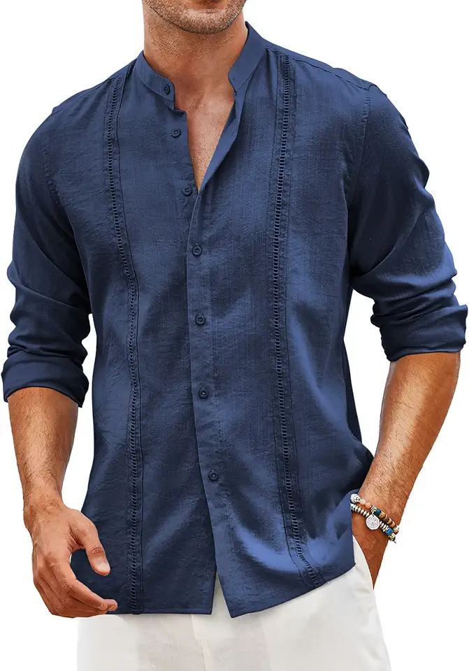 Global Recycled Standard COOFANDY Men's Cuban Guayabera Shirt Casual Long Sleeve Button Down Shirts Band Collar Linen Summer Beach Shirt