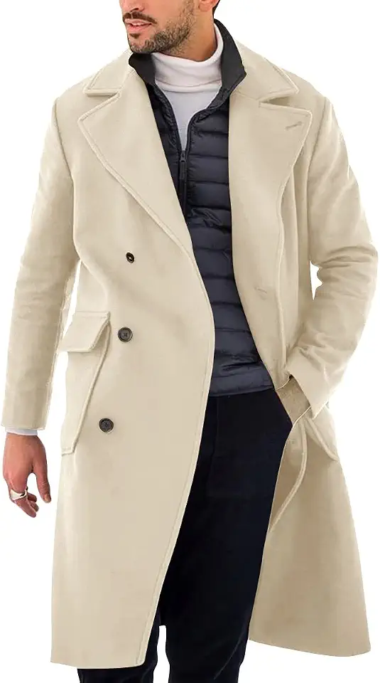 Mens Trench Coat Slim Fit Double Breasted Long Overcoat Winter Pea Coat