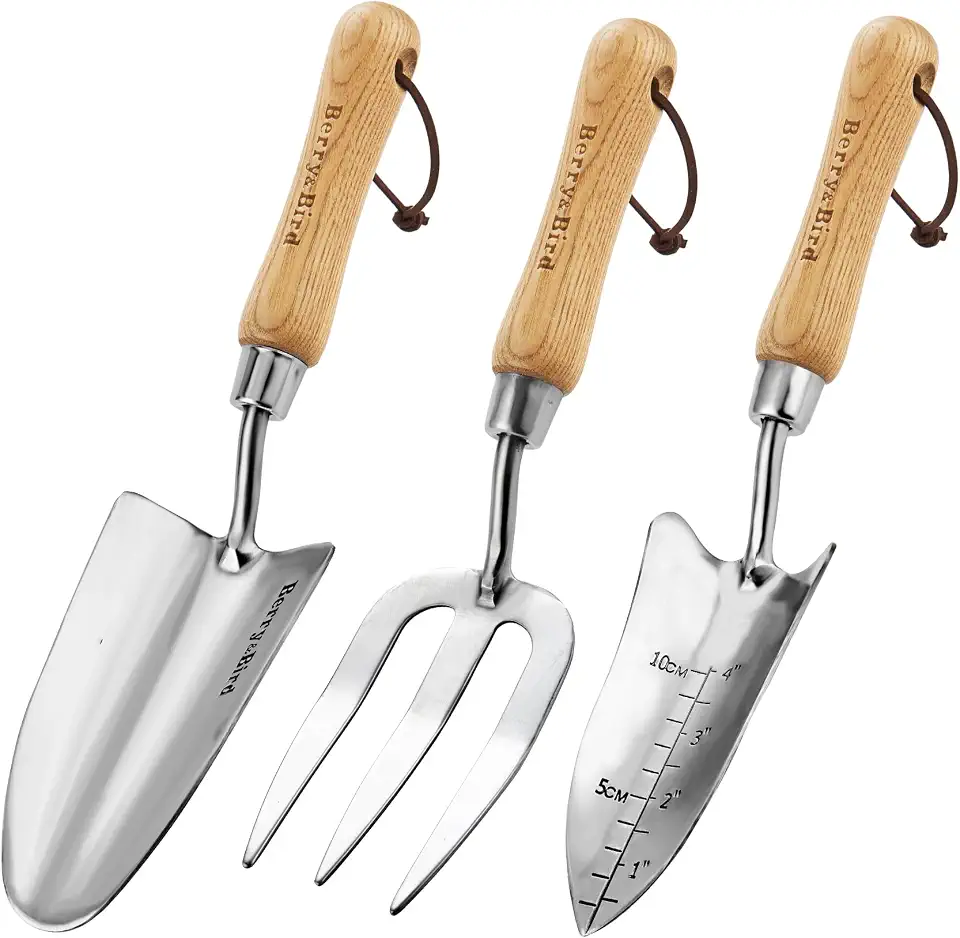 Garden Tool Set- 3PCS Stainless Steel Gardening Tool Sets with Wooden Handle Trowel Weeding Fork & Digging Shovel Hand Tool Kit for Planting, Ideal Gardening Gift for Women & Men