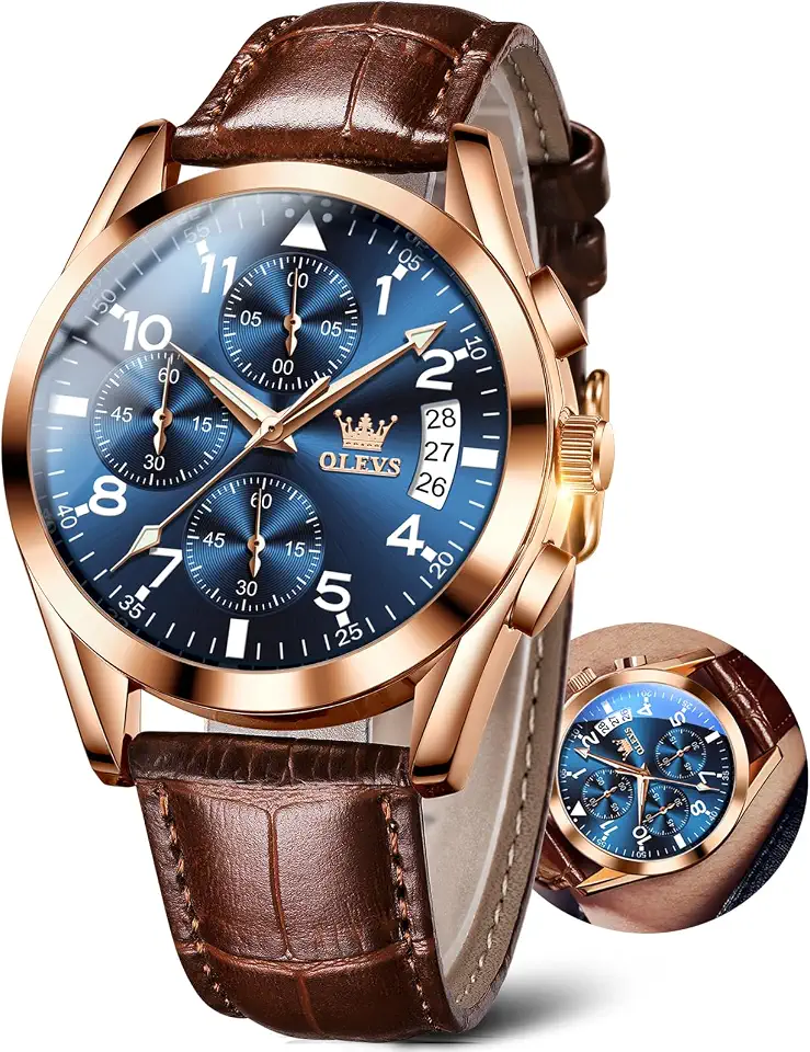 OLEVS Mens Leather Watch Dress Casual Quartz Brown Wrist Watch Date