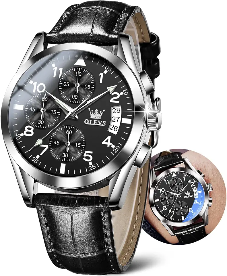 OLEVS Mens Leather Watch Dress Casual Quartz Brown Wrist Watch Date
