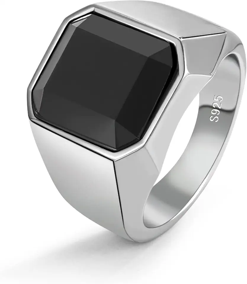 925 Sterling Silver Men Black Onyx Ring Square Circular Agate Signet Ring For Woman Index Finger Ring Sizes 6 to 13 For Band Mans Jewelry Gift For Him
